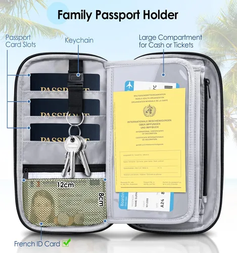 Miniatura 5 de BKNOOU Soporte para pasaporte familiar, organizador de documentos de viaje con correa cruzada para muñeca, cartera impermeable para pasaporte
