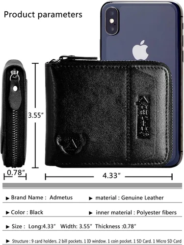 Miniatura 47 de Admetus - Cartera de piel auténtica para hombre con cremallera, plegable