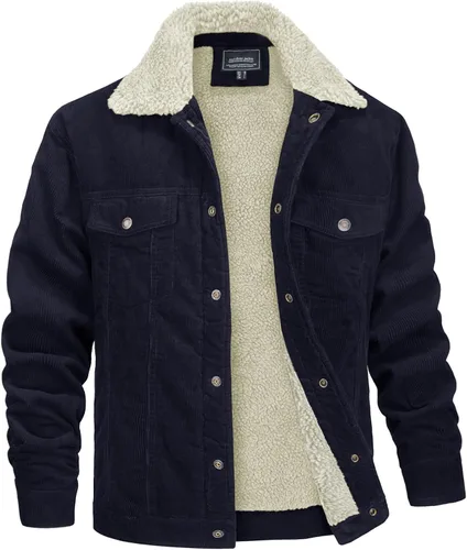 Miniatura 10 de MAGNIVIT Chaqueta de pana con forro polar para hombre, estilo cargo, de invierno, con botones de presión, solapa, forro sherpa, estilo camionero