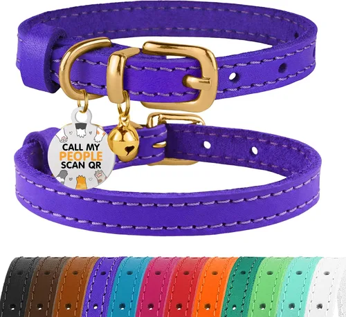 Miniatura 14 de BRONZEDOG Collar de cuero para gato con campanas extraíbles sin liberación rápida, etiqueta QR para gatito para niña y niño
