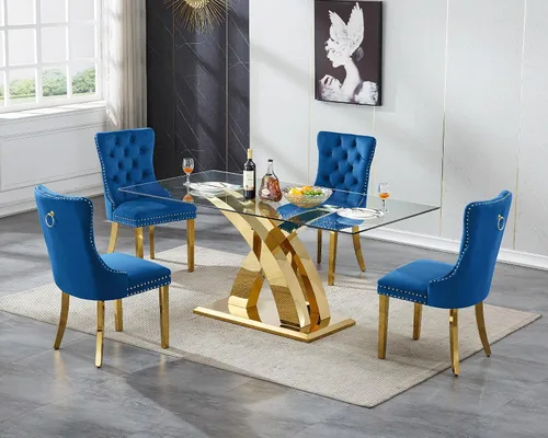 Miniatura 40 de Juego de mesa de comedor de cristal plateado moderno de 70 pulgadas para 4, juego de mesa de comedor rectangular de 5 piezas con patas de acero