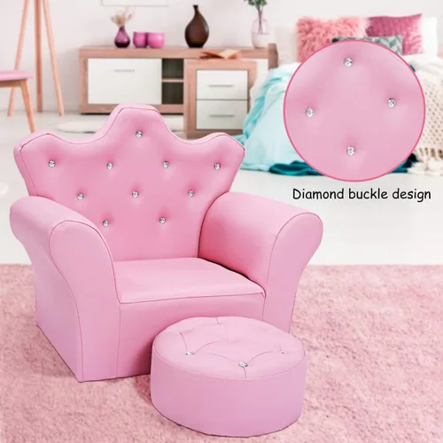 Miniatura 7 de Sofá para niños de Costzon, sofá tapizado para niños con otomano, sofá de princesa con decoración de diamantes, otomano, silla para niños de PVC