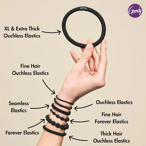 Miniatura 8 de Goody Ouchless Forever - Elásticos para cabello fino, 10 unidades, color negro, bandas libres de daño, lazos para el cabello 3 veces más fuertes