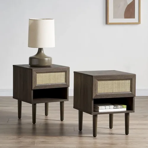 Miniatura 11 de Mopio - Mesita de noche Haylee de ratán, mesa auxiliar perfecta para sala de estar y dormitorio que complementa tu cama o sofá (carbón)
