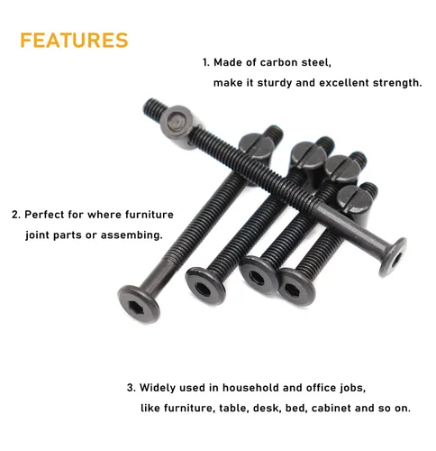 Miniatura 4 de Kit de tornillos de cuna M6, perno de conector plano negro para muebles con tuercas de barril para marcos de cama, 0.787 in - 3.150 in (5 tamaños)