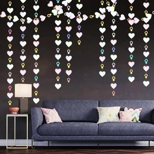 Miniatura 6 de Guirnalda iridiscente de anillo de corazón iridiscente de 52 pies para decoración de despedida de soltera de compromiso, pancarta holográfica