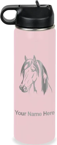 Miniatura 28 de LaserGram Botella de agua personalizada, cabeza de caballo 1, acero inoxidable de doble pared aislada al vacío con popote superior, regalo grabado