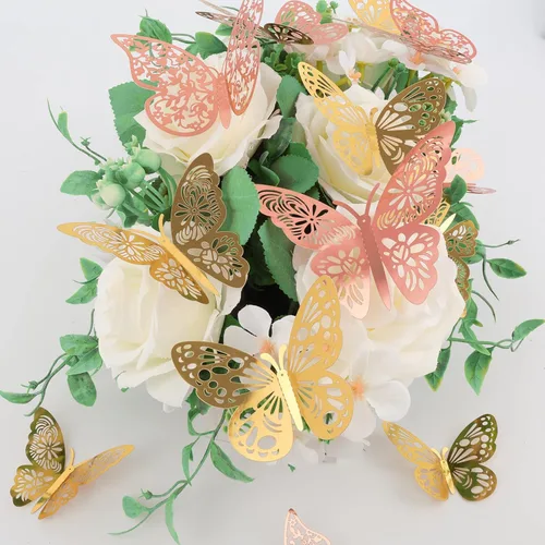 Miniatura 4 de 72 piezas de decoración de pared de mariposa, 3 estilos, 3 tamaños, mariposa 3D, mariposa dorada y oro rosa, decoraciones de boda, decoraciones