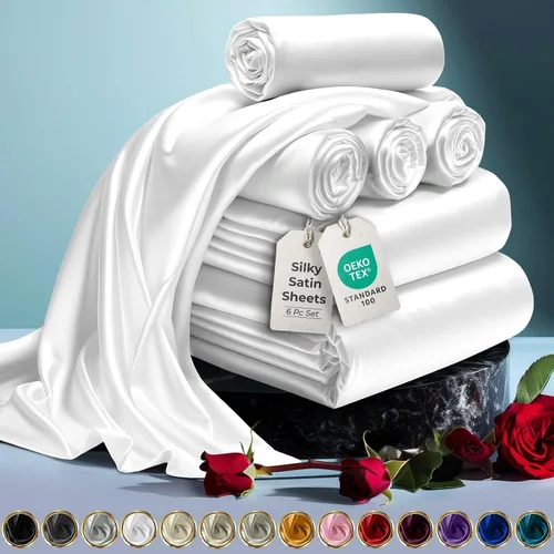 Miniatura 19 de DECOLURE Sábanas de satén para cama - Juego de 6 piezas de ropa de cama de lujo sedosa tamaño King - Más suave que la seda, sin arrugas con sábana