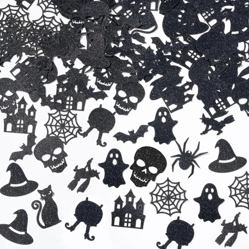 BeYumi Confeti de mesa negro de Halloween, 300 piezas de confeti de mesa con purpurina negra, decoración de papel de terror con purpurina para