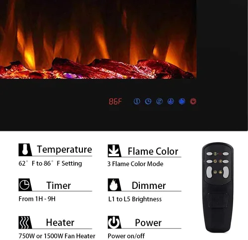 Miniatura 5 de Inserto de chimenea eléctrica empotrable de 36 pulgadas, 5 ajustes de llama, juego de troncos u opciones de cristal, control de temperatura por