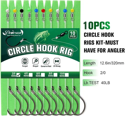 Miniatura 8 de Dovesun 10 piezas de anzuelos pre-ensartados para bagre, anzuelos circulares/de pulpo para bagre, anzuelos circulares offset para pesca de agua