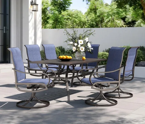Miniatura 17 de PHI VILLA Juego de comedor de patio de 5 piezas con 4 sillas de comedor giratorias para exteriores y 1 mesa de comedor redonda grande, silla de tela