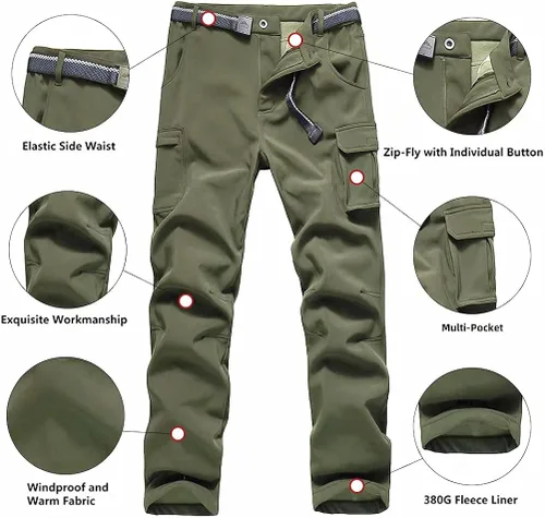 Miniatura 5 de JOMLUN Pantalones de senderismo con forro polar para niño, impermeables, resistentes al viento, cálidos, suaves, para exteriores, pantalones cargo