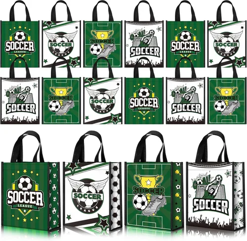 Miniatura 8 de Estune Paquete de 24 bolsas de mano de fiesta de fútbol con asas, bolsas reutilizables no tejidas para golosinas, bolsa de regalo deportiva