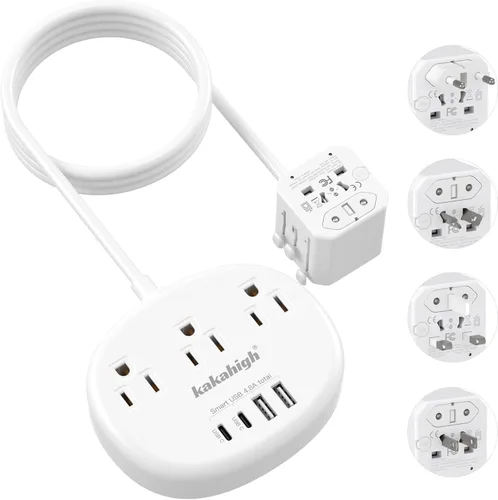 European Travel Plug Adapter with USB C, Multi Country Outlet Adapter with 3 AC Outlets and 4 USB Ports, Type A/C/G/I Plug Adapter for US to Most of