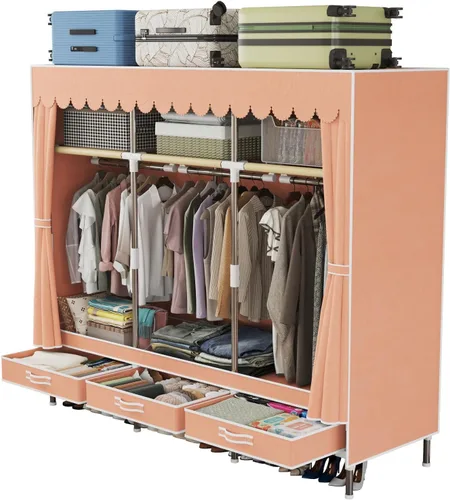 Miniatura 9 de Armario portátil con 3 cajones y 3 varillas para colgar, armario de tela para colgar ropa, funda gris, para ropa, ropa de cama, 51 pulgadas de ancho