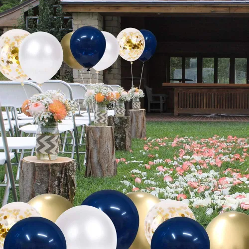 Miniatura 8 de Globos de confeti azul marino y dorados, 50 unidades de 12 pulgadas, globos de cumpleaños de perla blanca y dorados metálicos cromados