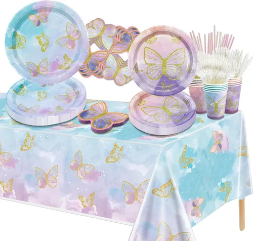 166 decoraciones de cumpleaños de mariposa, incluye platos de papel de mariposa, servilletas, vasos, mantel y pajitas para decoraciones de