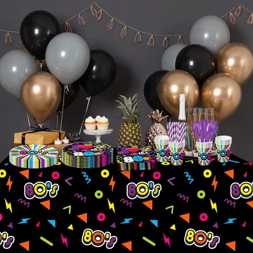 Miniatura 6 de Vajilla de decoración de fiesta de los años 80 – Los suministros para fiestas temáticas de los 80 incluyen platos de papel, vasos, servilletas