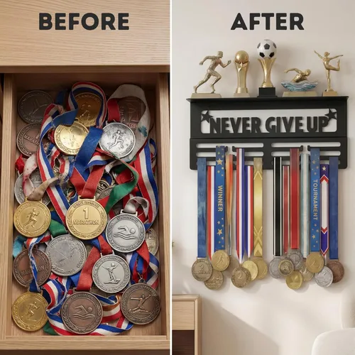 Miniatura 7 de Colgador de medallas AGATHOS HOME con estante para trofeos - Estante de premios de metal para paredes con capacidad para 64+ medallas deportivas