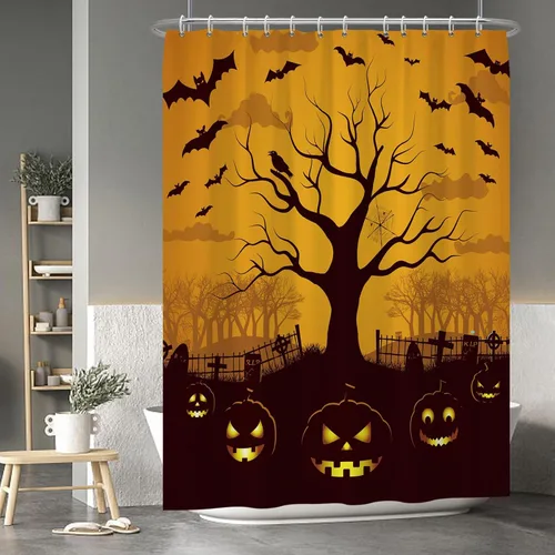 Miniatura 118 de Cortina de ducha de fantasma y gato negro para niños, 36 x 72 pulgadas, espeluznante y bonita, cortina de baño de Halloween con 6 ganchos, cortina
