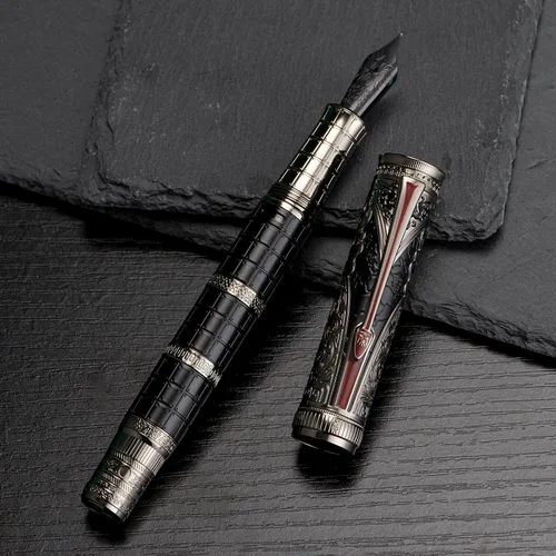 Miniatura 3 de Hongdian D5X - Pluma estilográfica de color negro, punta mediana, dinastía Qin, retro, tótem chino, grabado, pluma de escritura suave