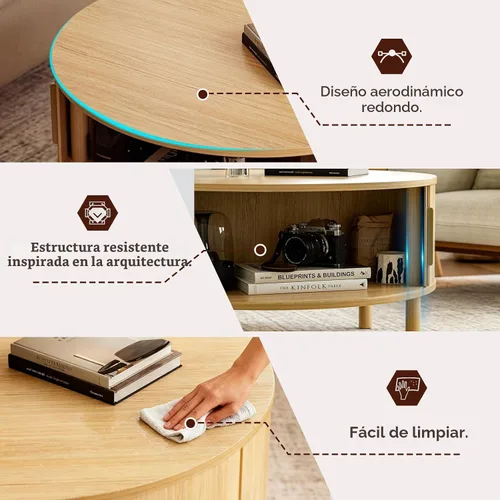 Miniatura 5 de ZttRiee Mesa auxiliar para sala de estar, moderna mesa de centro redonda con armarios y puertas correderas, espacio pequeño para el hogar, mesa