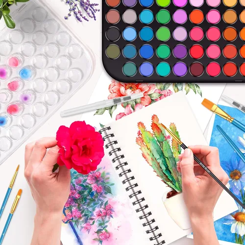 Miniatura 6 de Taotree Juego de pintura de acuarela, libro de ejercicios de acuarela, libro para colorear al agua, kit de acuarelas de 48 colores con 10 pinceles