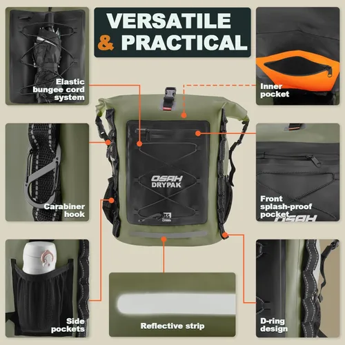 Miniatura 3 de OSAH DRYPAK Mochila impermeable Bolsa seca – Mochila de senderismo enrollable para viajes, kayak, canotaje, camping y pesca, Verde, Ocio
