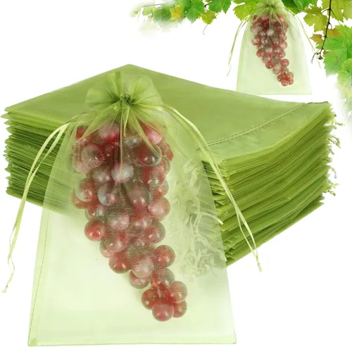 Miniatura 6 de 100 piezas de bolsas de protección de frutas 15x23 cm, bolsas de cobertura de malla verde con cordón, protectores de frutas de malla, barrera contra