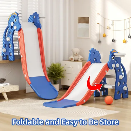 Miniatura 4 de GLAF Tobogán Interior para Niños Pequeños de 1-3 Años, Tobogán para Bebés Exterior, Conjunto de Juegos con Aro de Baloncesto y Pelota, Toboganes Azul