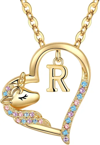 Miniatura 24 de Anoup Collar con inicial de unicornio, chapado en oro de 14 quilates, hipoalergénico con circonita cúbica, colgante de diamante simulado, joyería