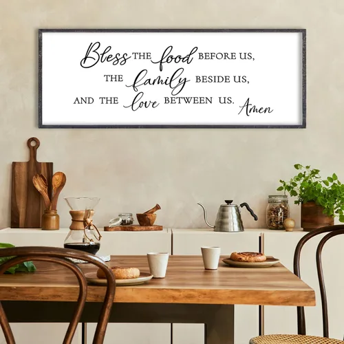 LuZhiQiang Arte de pared para comedor 81,3×30,5 cm "Bless The Food Before Us" Letrero cristiano para cocina, cita familiar agradecida, cuadro grande