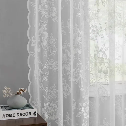 FINECITY Cortinas de encaje blanco para dormitorio, cortinas de encaje floral con bordado vintage de hojas de 72 pulgadas de largo, cortinas de