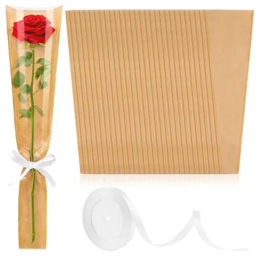 Mauproy Paquete de 50 fundas de rosas individuales, bolsas de flores individuales, bolsas de papel kraft con cintas para graduación, barras de