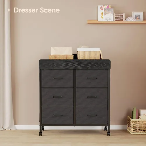 Miniatura 6 de Yetom Cómoda Cambiador de Bebé con Ruedas, Cómoda para Bebé con 6 Cajones de Tela con Superficie de Cambio, Estación de Cambio de Pañales Negro