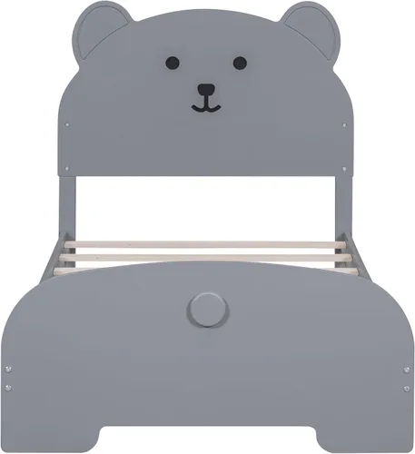 Miniatura 3 de Cama de plataforma de madera de tamaño individual con cabecero y estribo en forma de oso, sin ruido, para niños, adolescentes, niños y niñas,