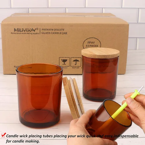 Miniatura 6 de MILIVIXAY 12 tarros de vela de vidrio ámbar de 10 onzas con tapas y kits de fabricación de velas, tarros de velas vacíos a granel para hacer velas