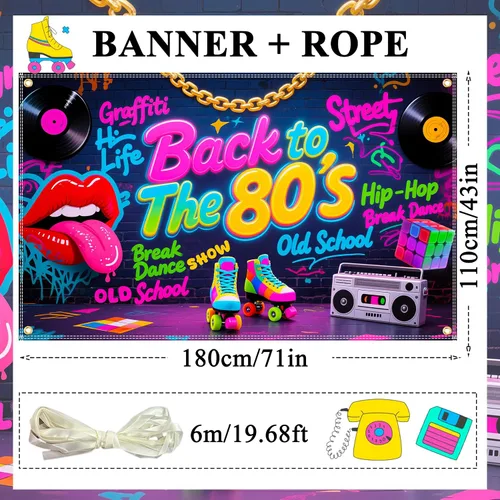 Miniatura 2 de Telón de fondo de Back to The 80's de 6 x 3.6 pies, decoraciones de fiesta de los años 80, telón de fondo de los años 80, pared de graffiti de hip