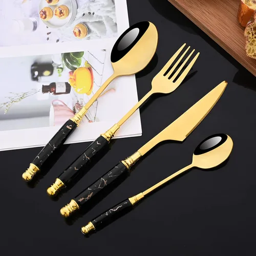 Miniatura 9 de JASHII Fancy Silverware - Juego de cubiertos de acero inoxidable dorado, juego de cubiertos de espejo, cuchillo y tenedor, cuchara, cucharadita