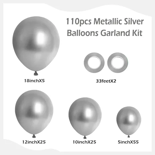 Miniatura 2 de FOTIOMRG Kit de arco de guirnalda de globos plateados metálicos de 110 unidades, globos plateados de látex cromados de 18, 12, 10, 5 pulgadas