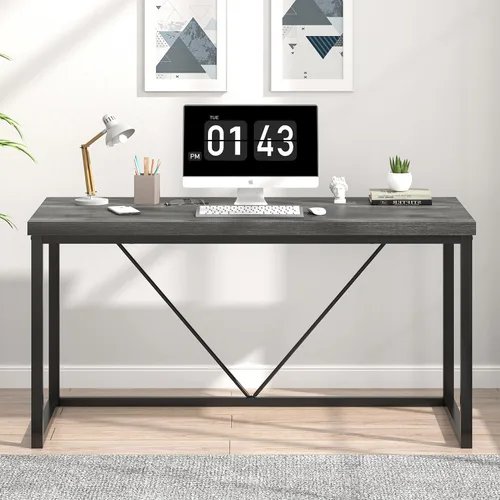 Miniatura 7 de EXCEFUR Escritorio moderno de oficina en casa, escritorio de computadora de madera y metal, mesa de estudio de escritura industrial para sala de Gris