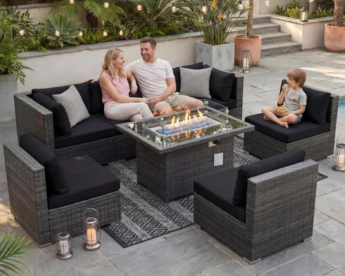 Miniatura 116 de NICESOUL Juego de muebles de patio para exteriores de 7 piezas con mesa para hoguera, gas natural y propano convertible, respaldo alto de 29.3