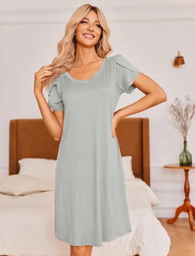 Miniatura 2 de Ekouaer Camisón de manga corta para mujer, cuello en V, camisón de enfermería, mangas de pétalo, vestido de camiseta S-XXL