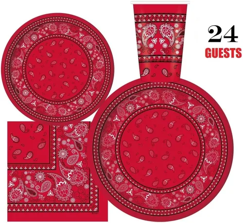 Miniatura 8 de Oojami Sirve 24 – Bandana roja suministros para fiesta occidental – Paquete completo de fiesta con platos llanos de 9 pulgadas, platos de postre