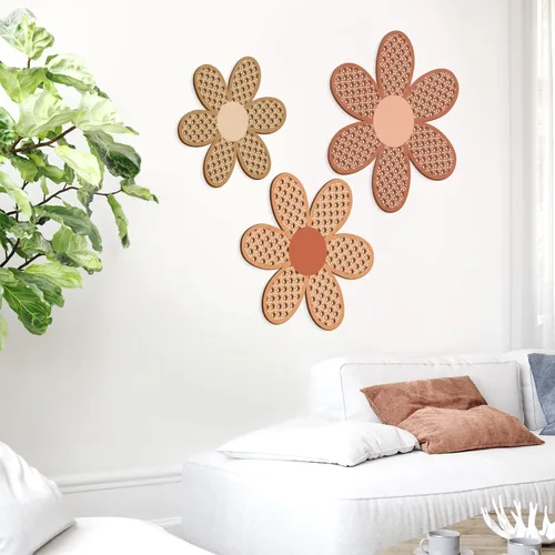 Miniatura 7 de Maitys 3 piezas de decoración de pared de margaritas bohemias, flores de ratán natural, arte bohemio de madera, flores de guardería, decoración