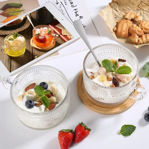 Miniatura 4 de Bandesun Tazas de café de vidrio vintage, 14 onzas, juego de 2 – apilables en relieve, cristalería con asa, para capuchino, latte, cereales, yogur
