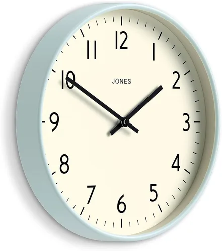 JONES CLOCKS® Reloj de pared de estudio | Estilo redondo moderno | 12 pulgadas | Azul pálido | Números fáciles de leer | Diseño versátil para