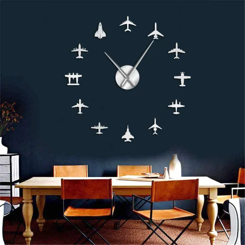 Miniatura 6 de The Geeky Days Flying Plane Fighter Jet - Reloj de pared grande sin marco, estilo acrílico, efecto espejo, adhesivo, avión, silencioso, cuarzo, Plata
